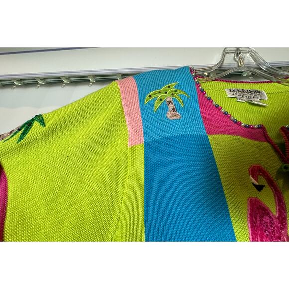 Vintage Jack B Quick Cardigan Sweater Flamingos & Palm Trees Short Sleeve ZipUp - Picture 16 of 16